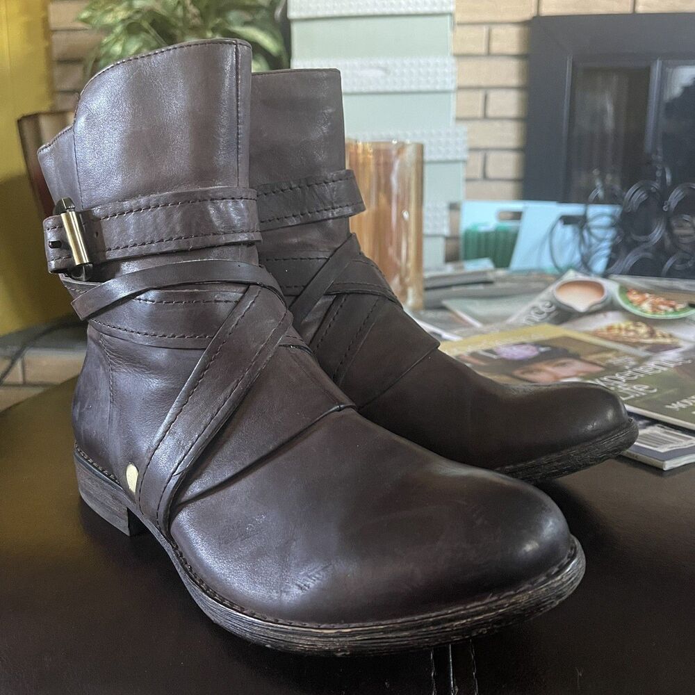 Miz Mooz Boots 6 Bailey Moto Leather Ankle Bootie Buckle Biker Shoes Side Zip